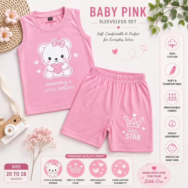 Vastraas Baby Pink Sleeveless T-Shirt & Shorts Set for Kids