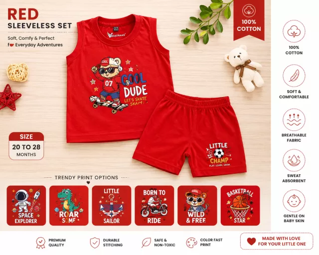 Vastraas Red Sleeveless T-Shirt & Shorts Set for Kids