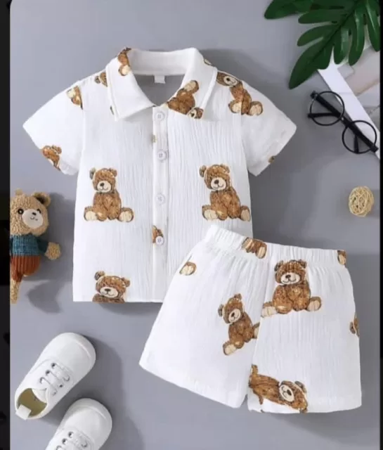 Boys Teddy Bear Printed Shirt & Shorts Co-Ord Set – White