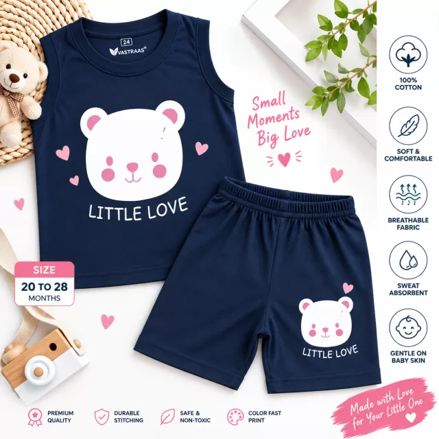 Boys & Girls Little Love Bear Printed Co-Ord Set – Navy Blue