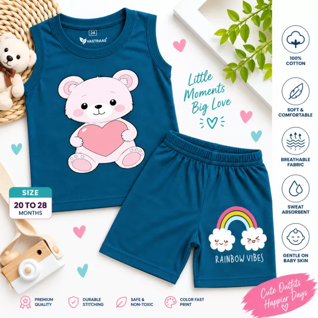 Boys & Girls Teddy Bear & Rainbow Vibes Printed Co-Ord Set – Navy Blue
