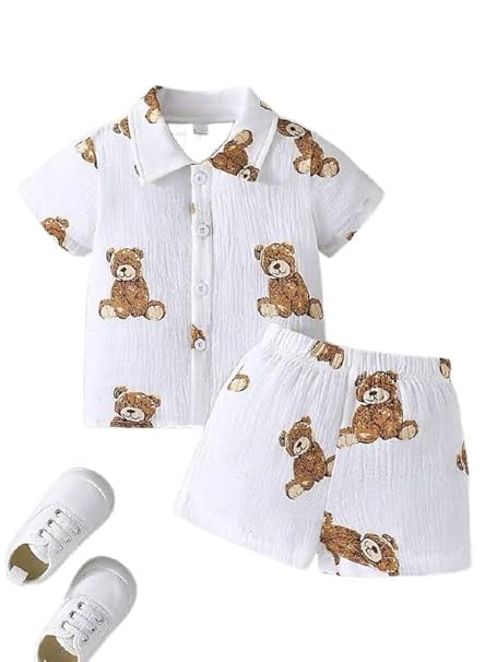 Vastraas Kids Cotton Printed Toddler Teddy Bear Print Summer Outfit 2 Combo Set, Short Sleeve (white,Camal)