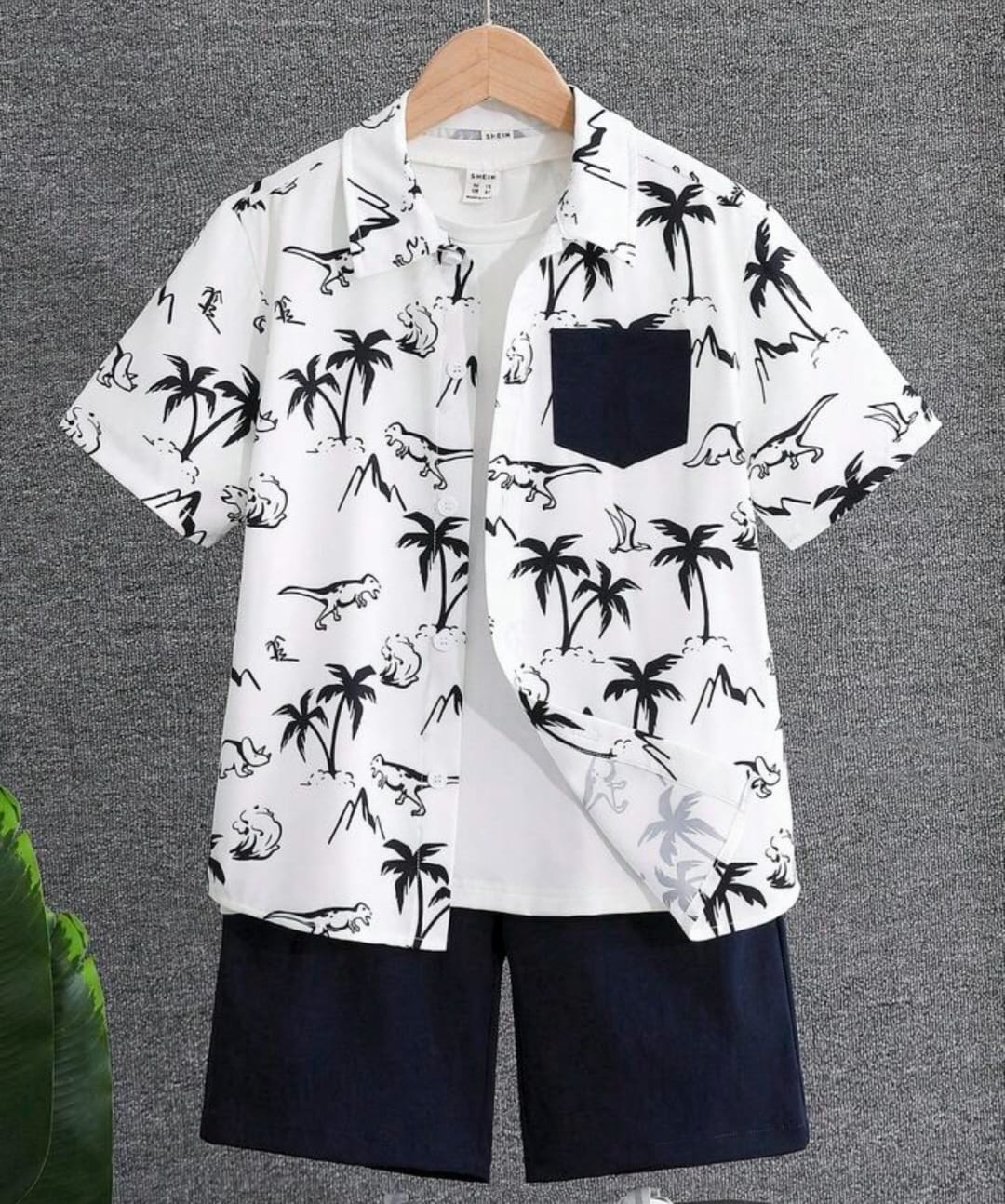 Vastraas Kids Outfit Set, Cotton Palm Tree & Bundi Print Shirt with Black Shorts, White 2 Combo Set