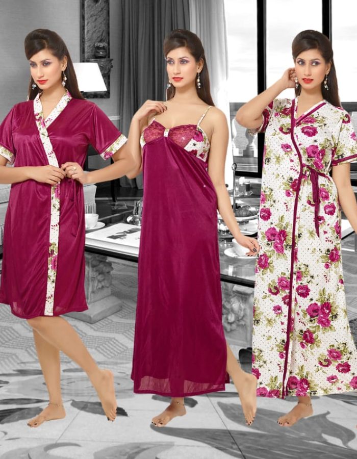 Vastraas 6 pcs night wear dress in wine colour with flower printed-satin