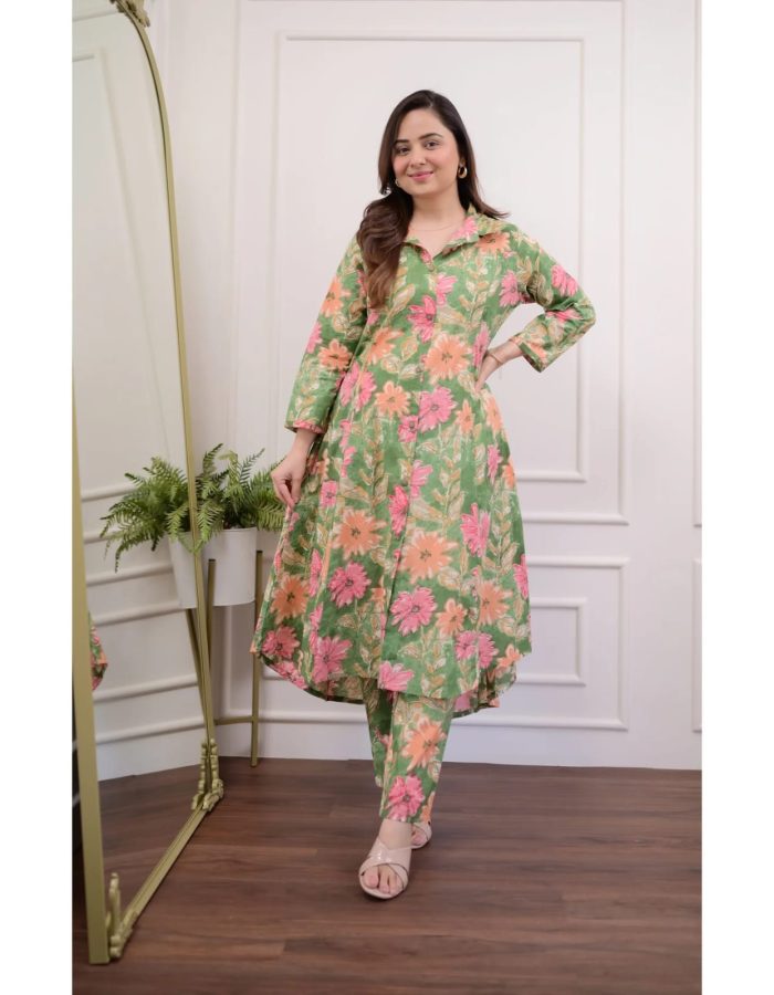 Vastraas Pista Green Cotton Coord Calf-length Gown and Pant Set: Floral Printed, Button Line Work and Regular Fit || Coord set for Women and teenage girls